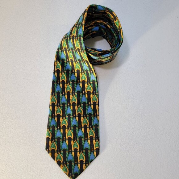 Giulio Desegis Mens Silk Dress Tie Temple Synagogue Graphic Print Blue Green - Picture 3 of 5